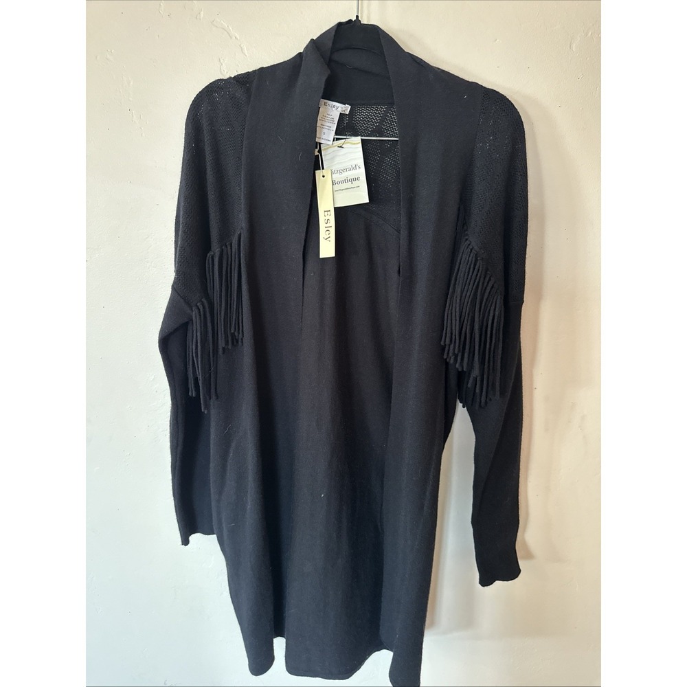 Easley Women's Size S NWT Fringe Detail Long Cardigan Sweater W See Through Top